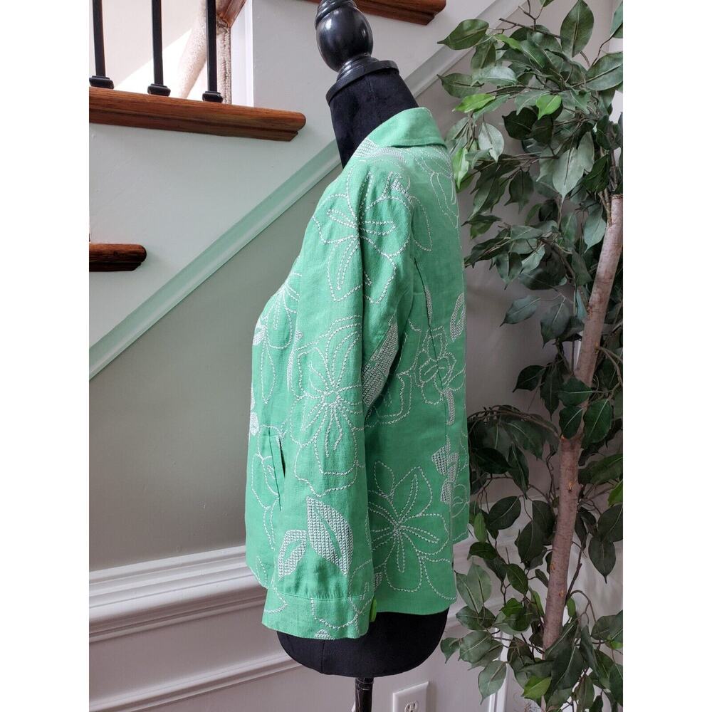 JM Collection Women Green Floral 100% Linen Long Sleeve Buttons Front Jacket 6P - Picture 6 of 12